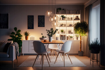 Modern dinner room with white furniture, clean minimalistic interior design. Super photo realistic background. Generative ai illustration