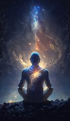 Fototapeta na wymiar Yoga concept with back view man sitting in lotus pose against starry sky background AI generated