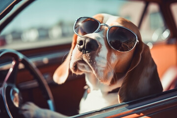 cool Beagle with sunglasses  on holiday in florida in vintage, retro car  , ai generative