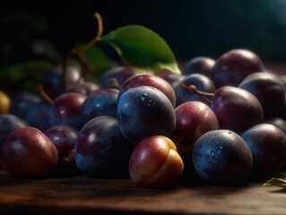 Beautiful organic background of freshly picked plum created with Generative AI technology