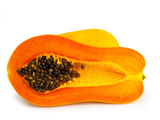 ripe papaya with seed isolated on white background.