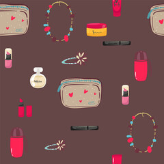 Pattern made from hand drawn cosmetic bag and text on the blue background