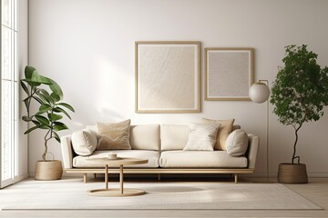Warm neutral living room mockup with low couch and beautiful beige wall. Generative AI