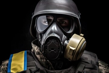 Fototapeta premium Ukrainian solder with helmet and gas mask on resting on the front lines. Special forces soldiers go to military operation. Generative AI Technology