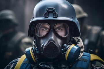 Naklejka premium Ukrainian solder with helmet and gas mask on resting on the front lines. Special forces soldiers go to military operation. Generative AI Technology