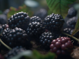 Beautiful organic background of freshly picked blackberry created with Generative AI technology