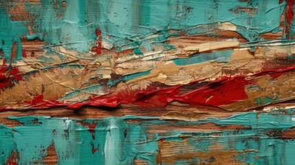 A Minimalistic Abstract Texture of Turquoise, Red and Gold Paint. Generative AI