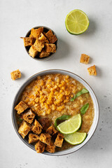 Lentil soup with ingredient on white background