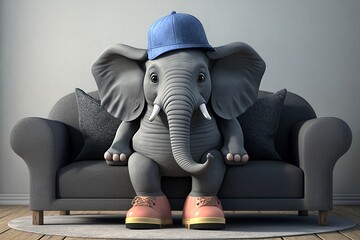Elephant sitting on sofa with blue cap IA