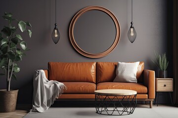 Round mirror mockup on grey wall in living room with brown leather couch. Real picture. Generative AI