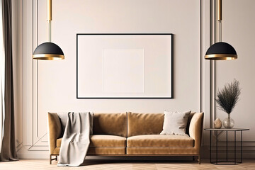 Mockup empty poster frame on the wall of living room over a sofa. Luxurious apartment background with contemporary design. Modern interior design idea - Generative AI