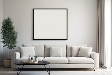 Mockup empty poster frame on the wall of living room over a sofa. Luxurious apartment background with contemporary design. Modern interior design idea - Generative AI