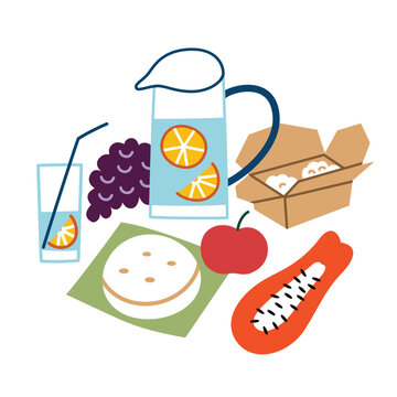 Picnic food composition, hand drawn icons of lemonade, papaya, grapes, picnic food arrangement with fruits, cheese and drinks, vector illustrations of delicious outside meal, summer dinner outdoors
