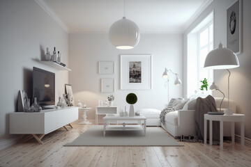 Modern living room with white furniture, clean minimalistic interior design. Super photo realistic background. Generative ai illustration
