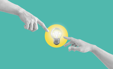 Digital collage, Hand reaching to glowing light bulb. Ideas, power, and energy concept
