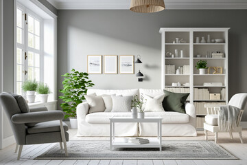 Modern living room with white furniture, clean minimalistic interior design. Super photo realistic background. Generative ai illustration