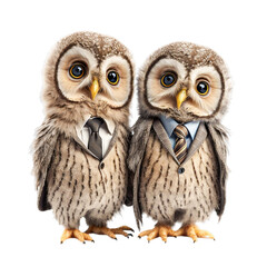 Two owls in front of white background. Generative Ai