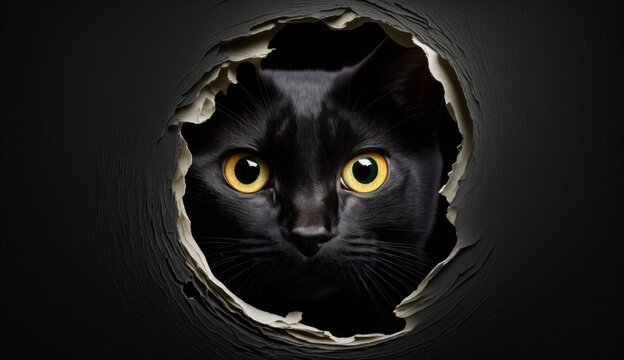 Midnight Watch: A Curious Black Cat Peeking Out Of A Wall Hole. Generative AI