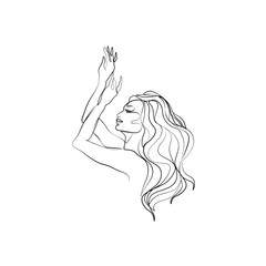 Woman with long hair abstract portrait, continuous line drawing, beautiful girl is single line on white background, isolated vector illustration. Tattoo, print and logo design for spa or beauty salon.