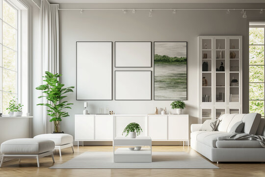 Modern living room with white furniture, clean minimalistic interior design. Super photo realistic background. Generative ai illustration