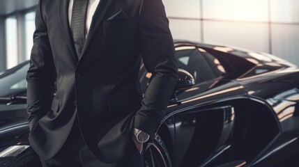 Fototapeta na wymiar A Close-Up of a Rich Businessman Standing in Front of a Luxurious Supercar. Generative AI