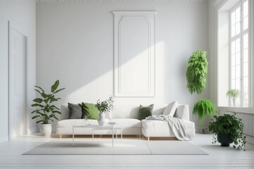 Modern living room with white furniture, clean minimalistic interior design. Super photo realistic background. Generative ai illustration