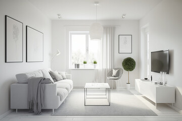 Fototapeta na wymiar Modern living room with white furniture, clean minimalistic interior design. Super photo realistic background. Generative ai illustration