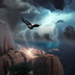 mythical thunderbird with wings outstretched, cliffside perch, vibrant lightning scene, generative AI
