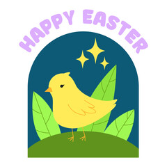 Spring easter cute chicken with leaf and sparks. Cartoon bird, Happy Easter.
