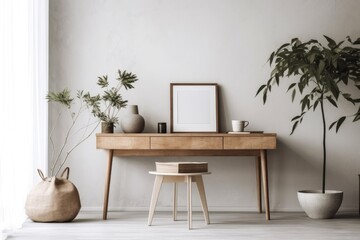 Empty home desk. A wooden table with a vase and plant against a white background in a living room. Empty simple Scandinavian home design backdrop. Generative AI