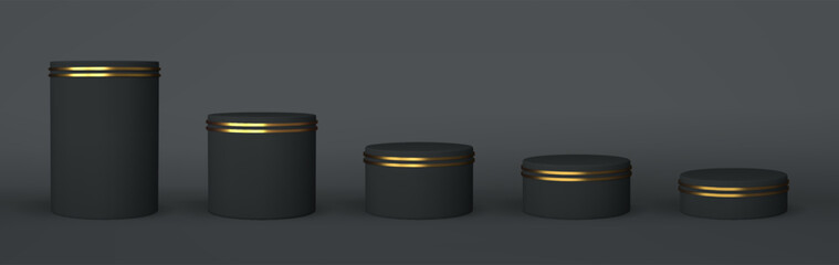 Set black podium on dark background. 3d render minimal display pedestal empty studio. Black showroom mockup for product presentation. Realistic vector illustration