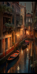 Obraz na płótnie Canvas Lovely Landscape vintage architecture buildings , Night Venice Italy, there is a river on the street, ai generative