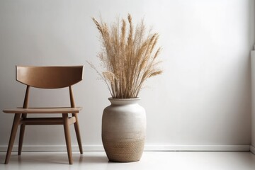 Contemporary summer fall still life. Dry festuca grass in grey ceramic vase on ancient wooden seat. White walls. Copyspace. Exquisite lifestyle decor. Modern interiors. Generative AI