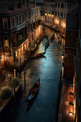 Fototapeta na wymiar Lovely Landscape vintage architecture buildings , Night Venice Italy, there is a river on the street, ai generative