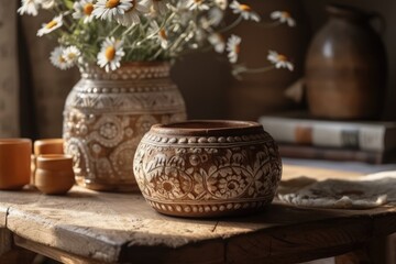 Wooden tabletop or shelf with ceramic vase with daisies, wildflowers, over bohemian wooden living room in boho style, mediterranean interior design idea,. Generative AI