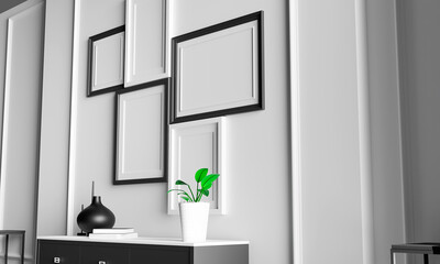 Fototapeta na wymiar Minimalistic home decor of interior with black mock up photo frames , black shelf and home accessories. White walls. Mockup concept. 3D render