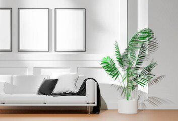 Design scandinavian interior of living room with flowers in vase and elegant personal accessories. 3D render