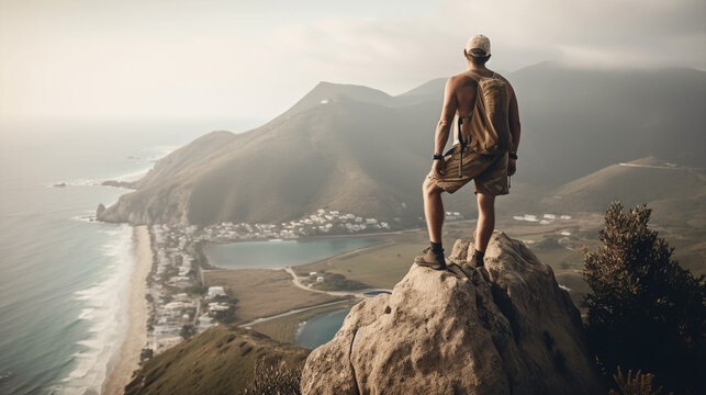 A man looks out over a mountain and the ocean.
adventure trip, summer vacation.