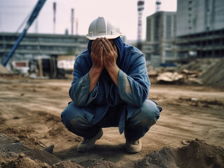A sad construction worker lost his job. broken, he hides his face in his hands. Ai generative