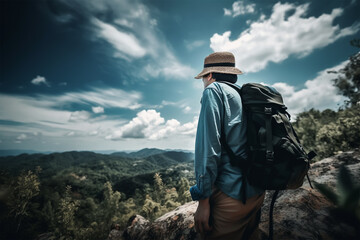 Fototapeta na wymiar A man with a backpack stands on a mountain top looking at the mountains