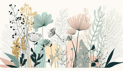 colorful spring background with wildflowers and plants