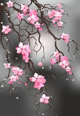spring composition with a tree, pink flowers and water drops