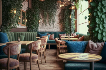 Fototapeta na wymiar Modern cafe, glamour interior design. Super photo realistic background. Generative ai illustration