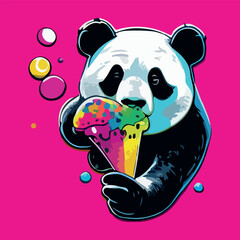 Colorful panda eating candy or ice cream pop art vector illustration © tanjidvect