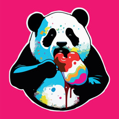 Colorful panda eating candy or ice cream pop art vector illustration