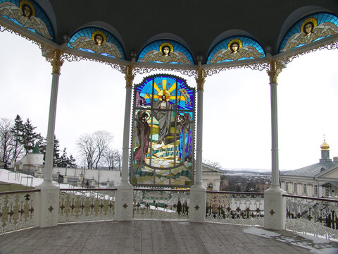 Pochaev Lavra.Ukraine. March 20, 2005. Christian Orthodox architectural complex and monastery. Color stained glass.