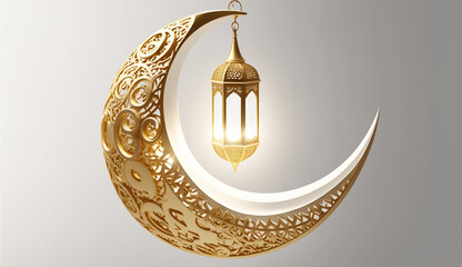 Arabic crescent moon and lantern pendant on a light Ramadan background. Generative AI
