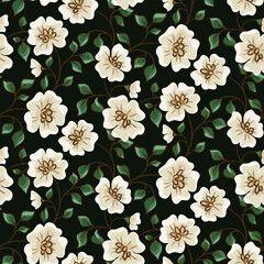 Seamless floral pattern with gentle blooming garden. Romantic botanical design in natural colors, ditsy print: hand drawn white flowers, branches, small leaves on dark background. Vector illustration.