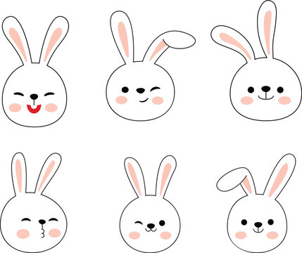 Set of cute cartoon bunny faces with different emotions. Vector illustration.