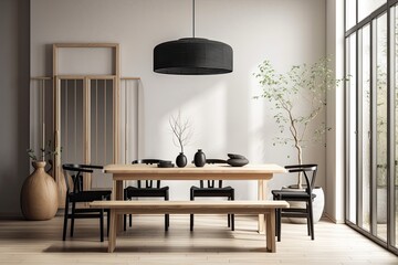 Japandi dining room with white and black hardwood minimalist table. Wall mockup. Minimalist interiors. Generative AI